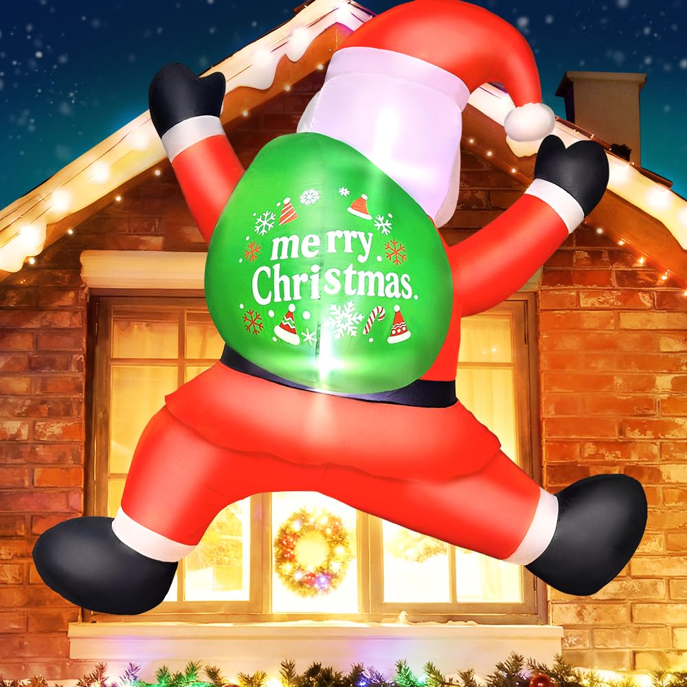 KOOY 6FT Christmas Inflatables Climbing Santa, Blow Ups Xmas Hanging Santa Outdoor Decorations with LED Light Up for Xmas Yard Outdoor Roof Christmas Decorations