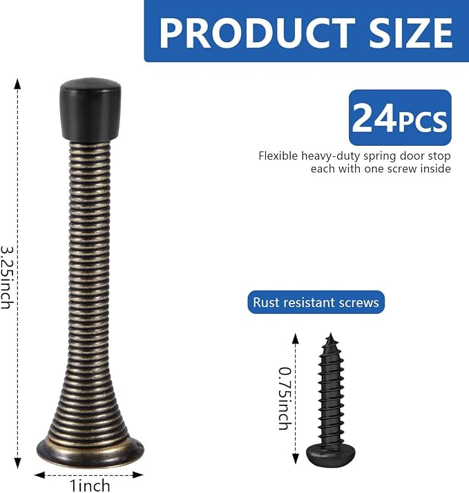 KISEER 24 Pack Spring Door Stops 3 1/4 Inch Flexible Heavy Duty Spring Door Stopper with RustProof Screw Rubber Bumper Tips (Oil Rubbed Bronze)