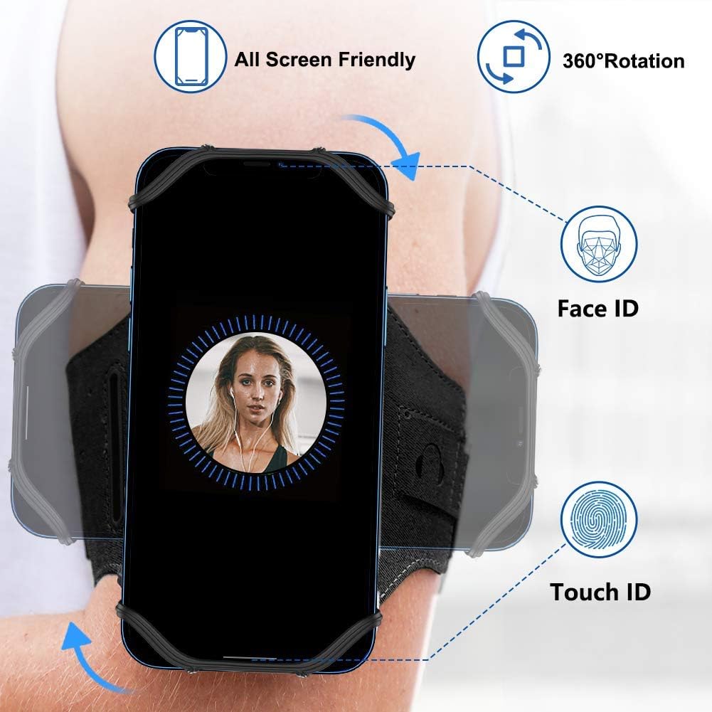 VUP Running Armband 360°Rotatable for iPhone 17/16/15/14/13/Pro Max/Pro/Mini/12/11/SE/Xs/XR/X/8/7/Plus, Fits All 4-6.7 Inch Smartphones, with Key Holder Phone Armband for Running Hiking Biking (Black)