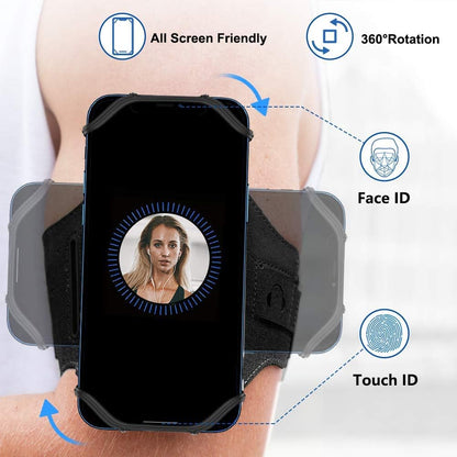 VUP Running Armband 360°Rotatable for iPhone 17/16/15/14/13/Pro Max/Pro/Mini/12/11/SE/Xs/XR/X/8/7/Plus, Fits All 4-6.7 Inch Smartphones, with Key Holder Phone Armband for Running Hiking Biking (Black)