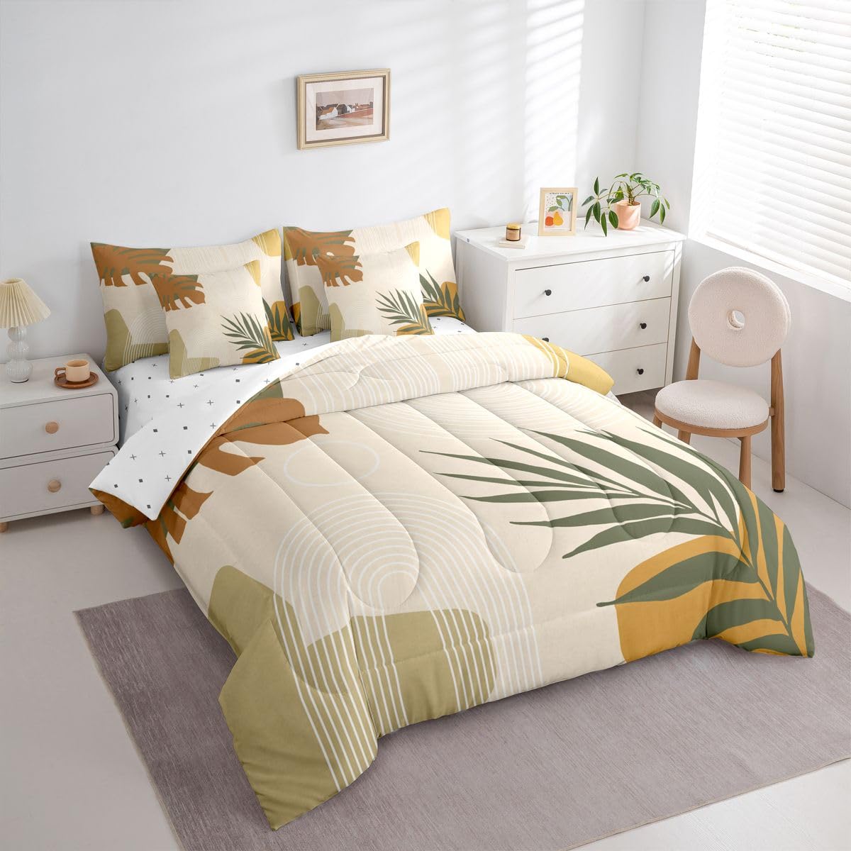 Erosebridal Beige Green Boho King Size 7 Pcs Bedding Set, Mid Century Abstract Simple Comforter Set with Sheets, Modern Minimalist Arch Geometric Bed Sets, Tropical Palm Leaf Aesthetic Bed in A Bag