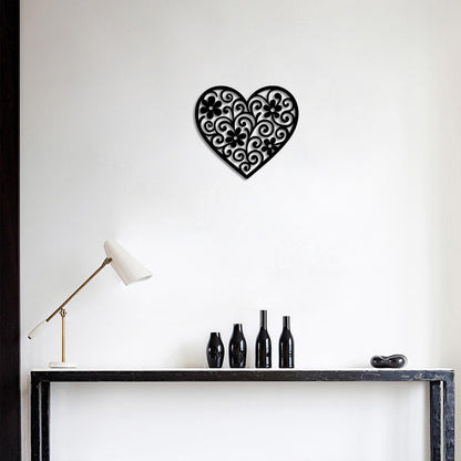 Vineland Black Metal Heart Wall Art, 11.8 Inch Modern Minimalist Sculpture, Floral Pattern Design for Living Room Bedroom Bathroom, Matte Finish Boho Home Decor