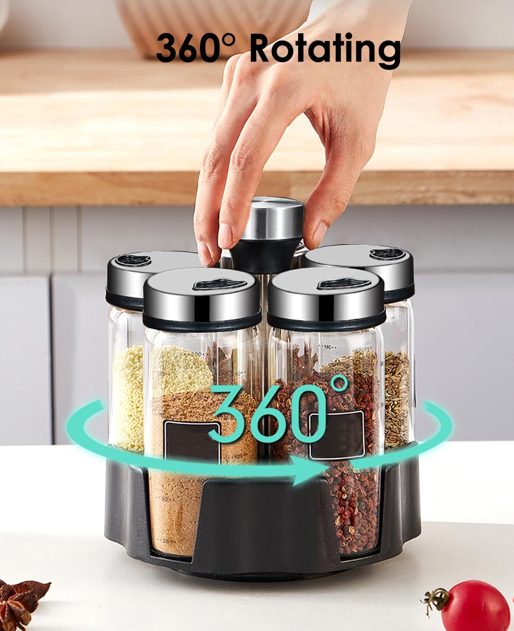 TINMIX Revolving Spice Rack Organizer, Rotating Seasoning Holder Shelf with 5 Large 200ml Glass Jars for Kitchen Countertop Cabinet