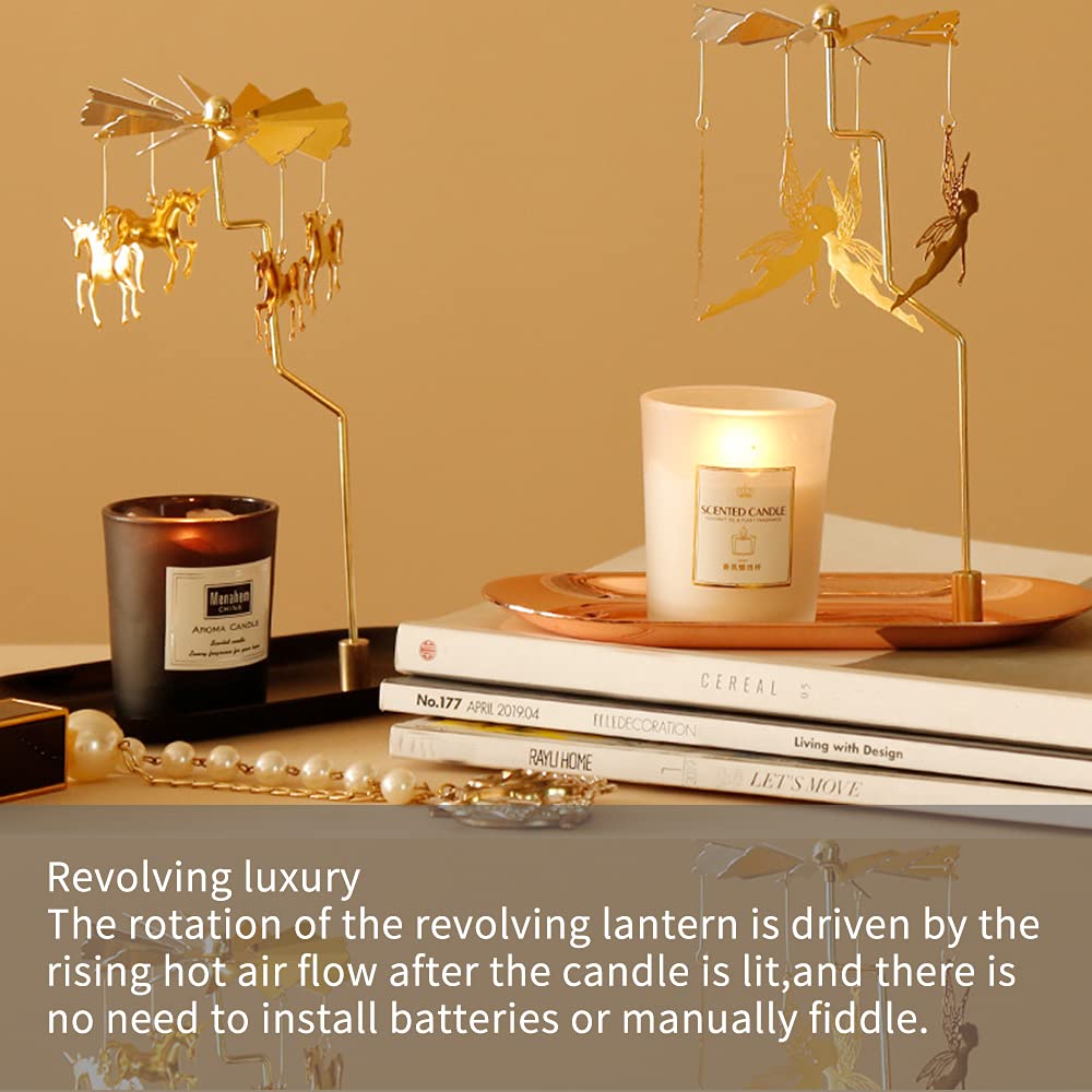 Creahaus Spinning Candle Holder with Tray, Glod Carousel Candle Spinner, Rotating Metal Tea Light Candle Holder for Table Centerpiece, Christmas, Valentine's Day, Party Decor, Gift (Gold Elves)