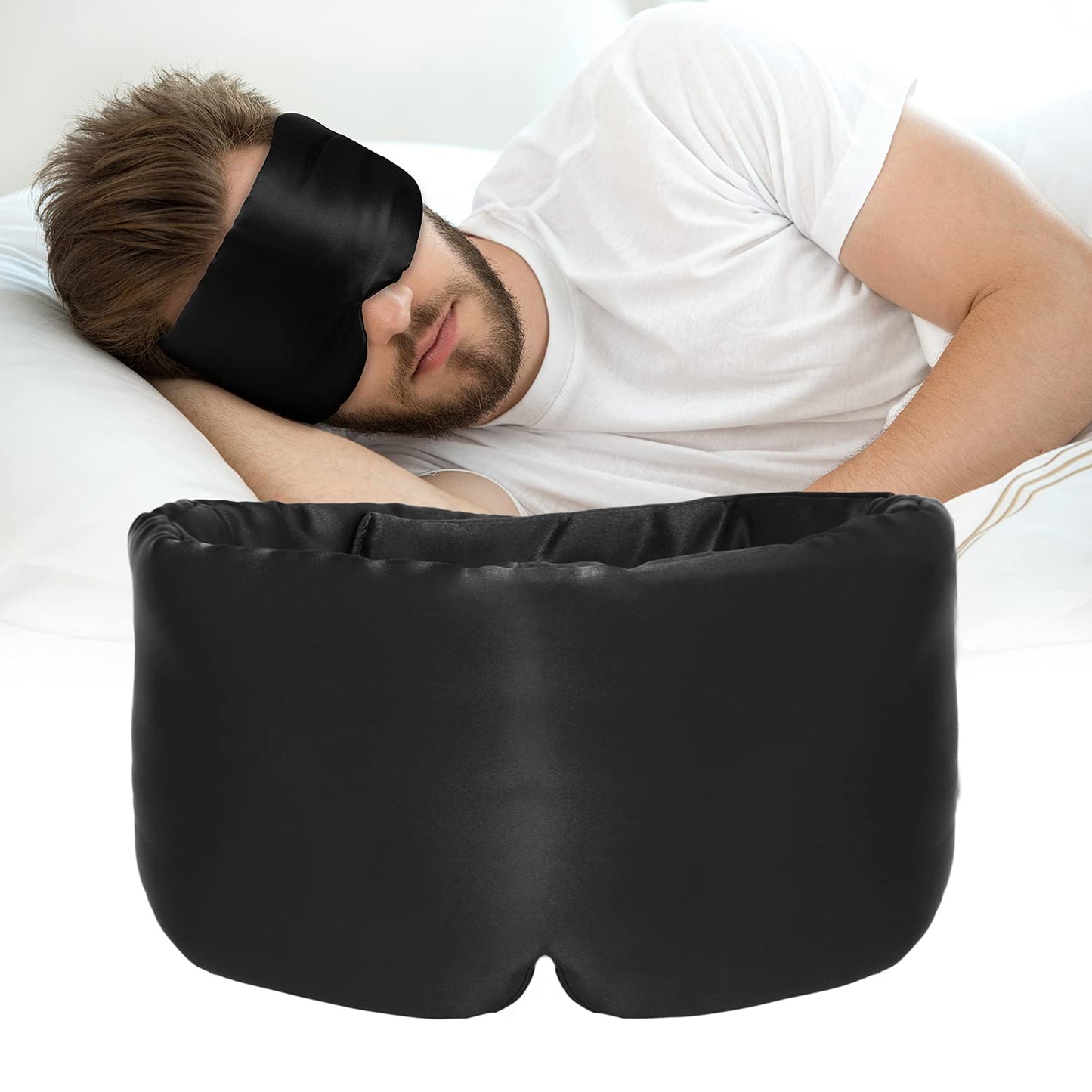 Silk Sleep Mask for Women Men, Mulberry Silk Eye Sleeping Mask & Blindfold with Adjustable Velcro Strap, Blackout Eye Cover for Sleep Travel Yoga Nap, Large Size, Black
