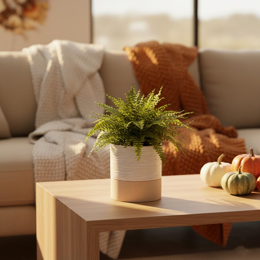 Nihow Self Watering Plant Pot: 6 Inch Ceramic Planter with Drainage Hole & Water Storage Plus for Indoor & Outdoor Plants - Cylinder Round Flower Pot for Succulent/Herbs/Violets - Cream White & Brown