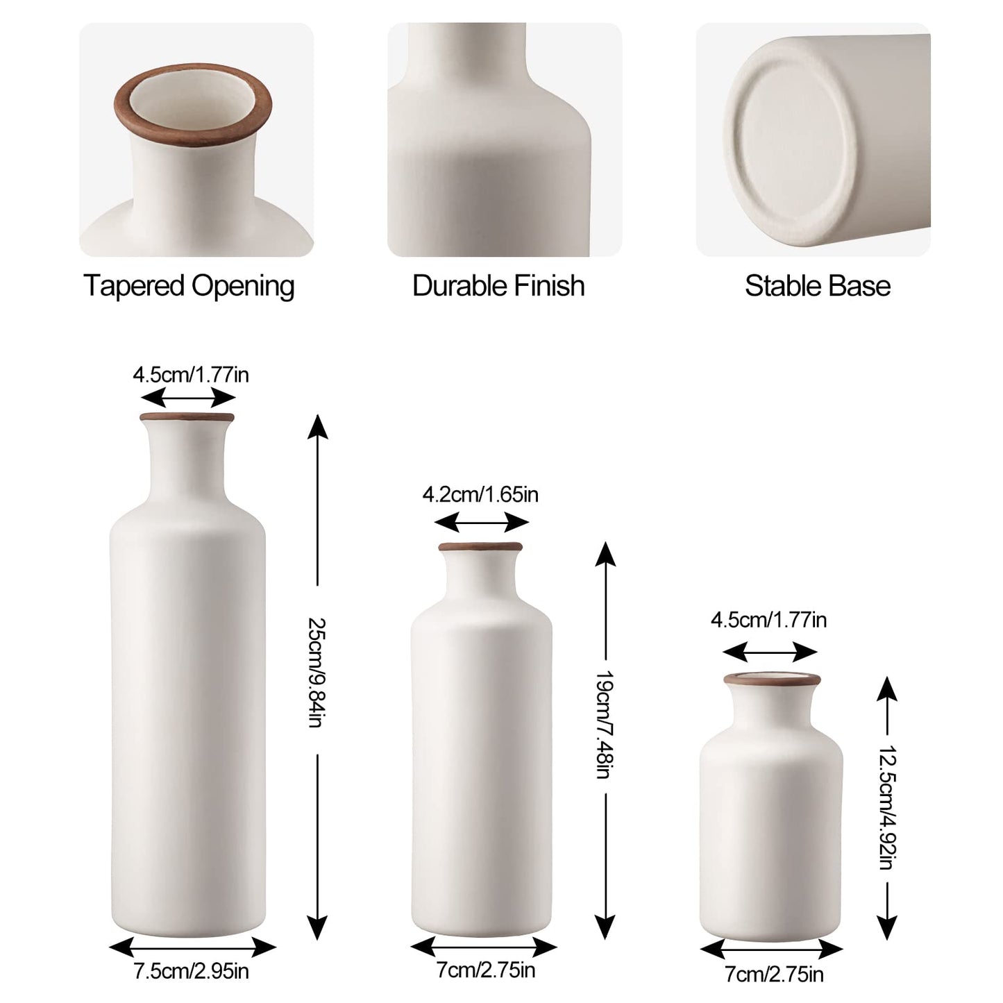 3Pcs Ceramic Vases, Rustic Decorative Flower Vases Set for Modern Farmhouse Decoration, Living Room Centerpieces and Events, Table, Bookshelf, Mantel and Entryway Decor (White)