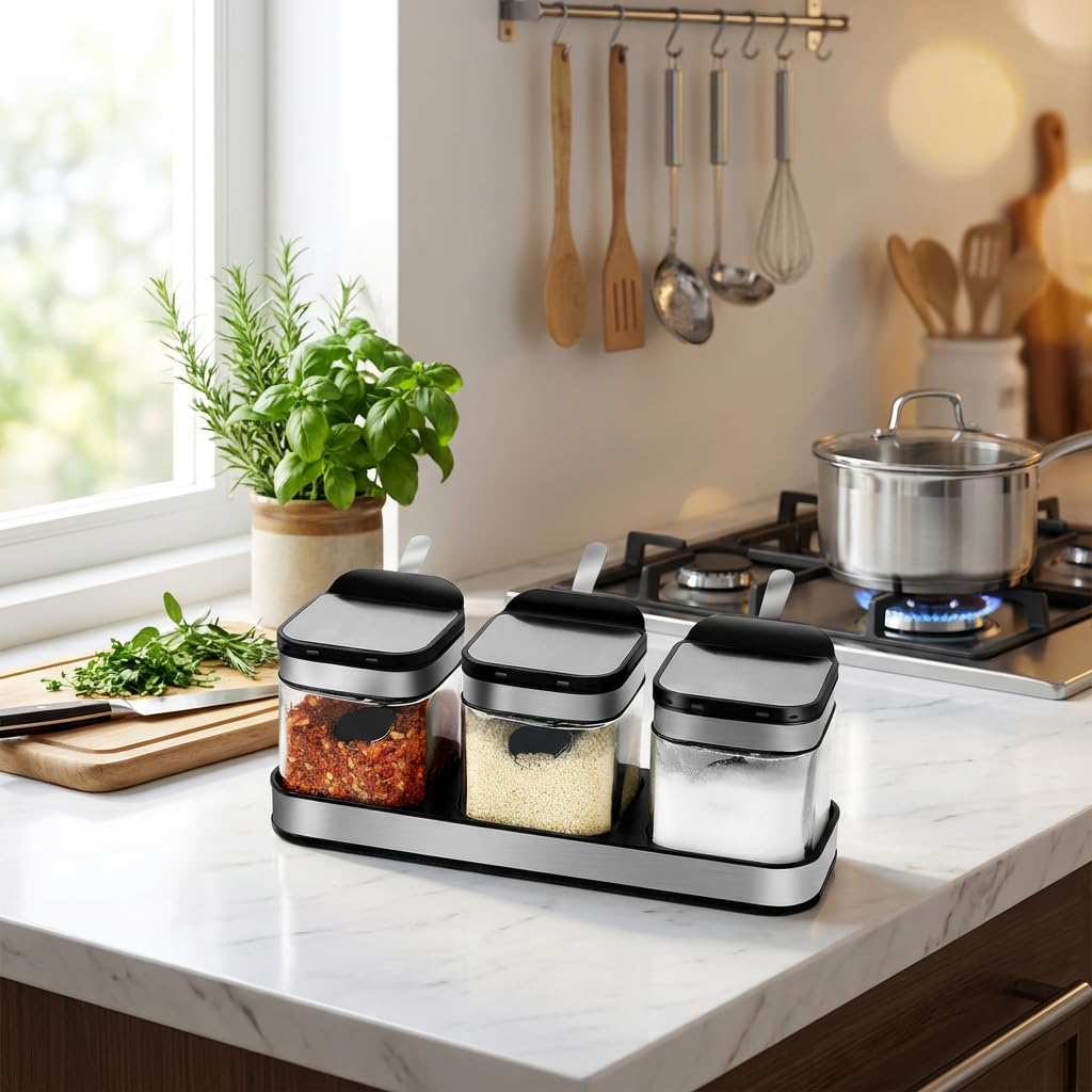 SvaTao Condiment Jar Spice Container with 304 Stainless Steel Lids and Spoons,Clear Glass Condiment Canisters Pots Seasoning Box Salt Container Sugar Bowl Set of 3 for Kitchen, Counter, Food Storage