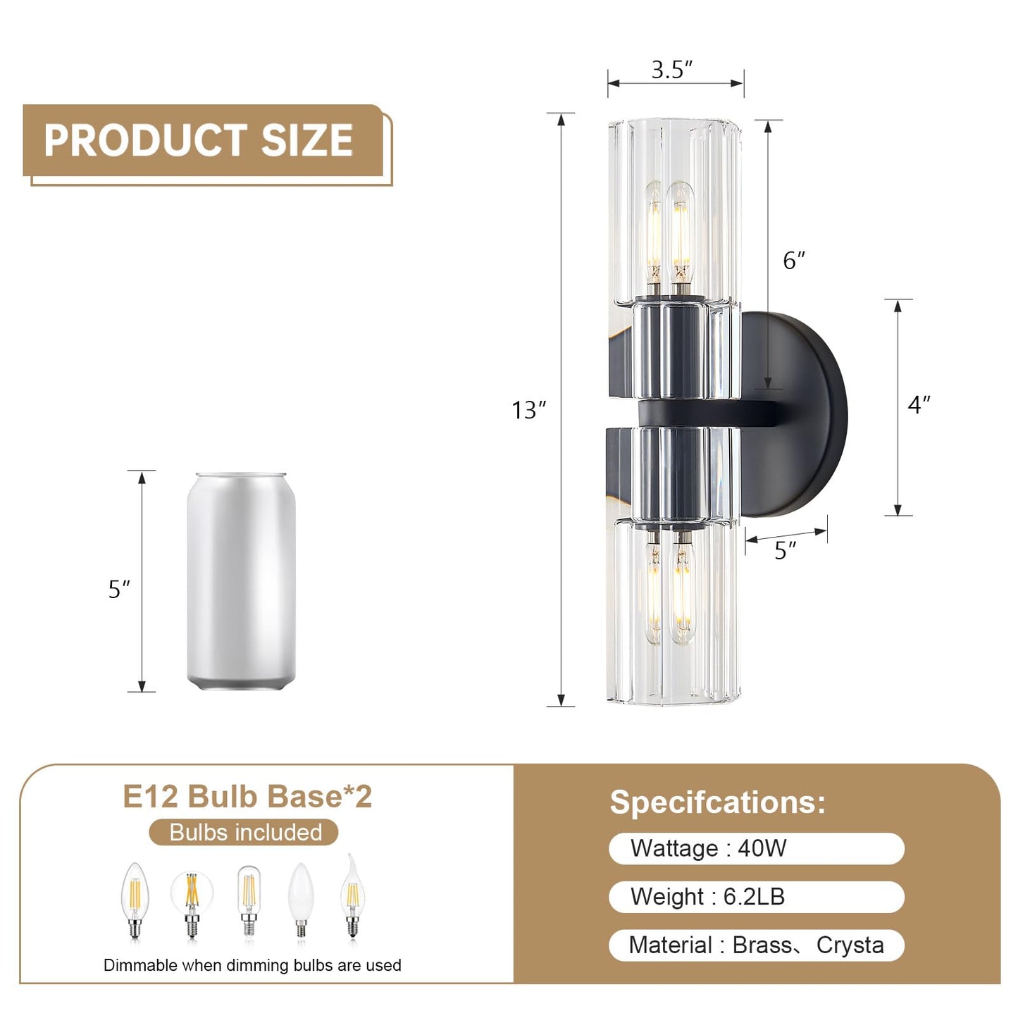 SHEKAITAO Crystal Wall Sconces Set of Two, 13" Modern Brass Sconces Lighting with K9 Crystal Lampshade,Indoor Wall Sconce Bedroom Wall Light Fixtures for Living Room Bathroom Hallway Stairs Entryway