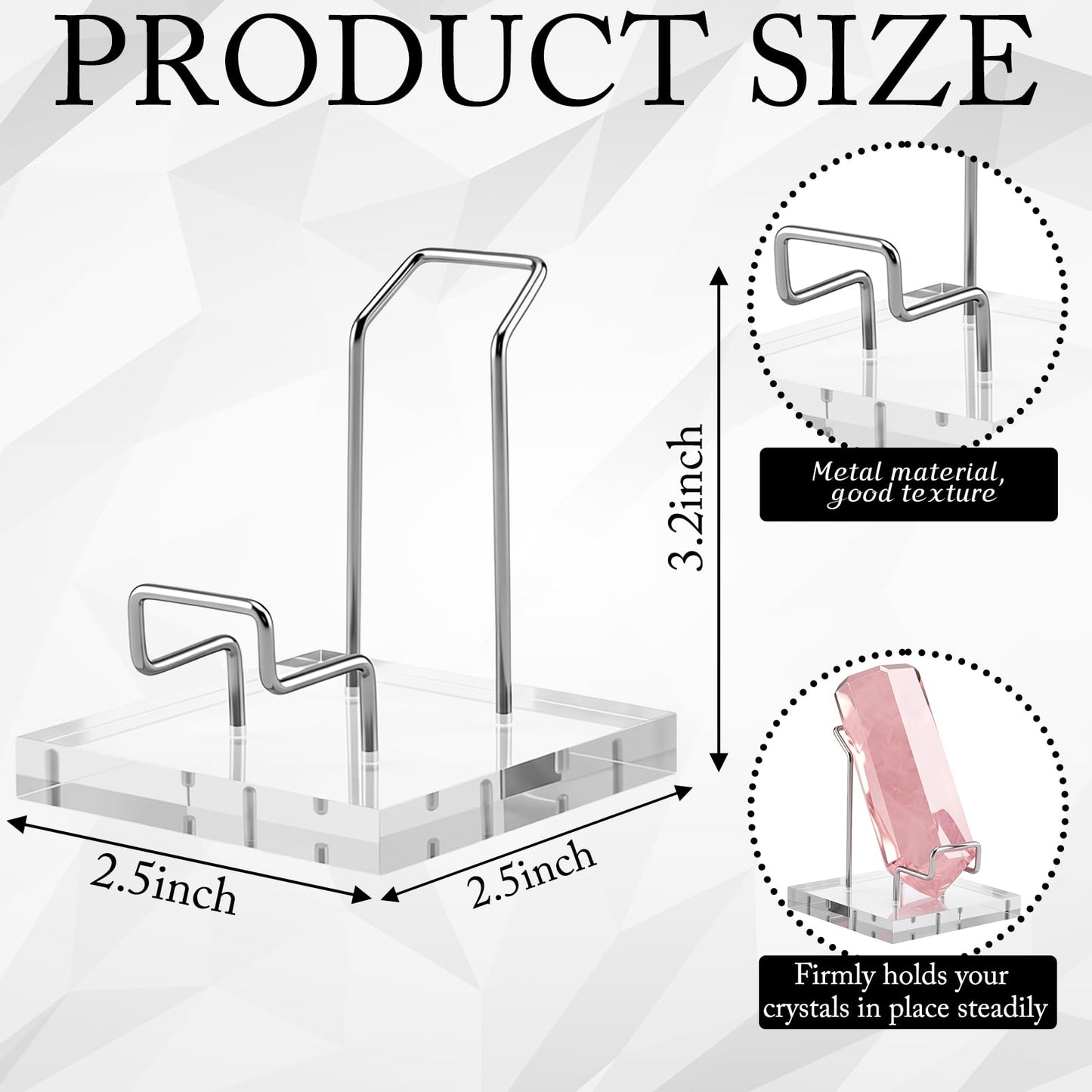RattanView 2 Pcs Rock Display Stand Crystal Display Stand Clear Adjustable Metal Arms with Acrylic Base for Crystals Rocks Gemstones Mineral Stone Specimens Collectible, 2.5 x 2.5 x 3.2 Inches