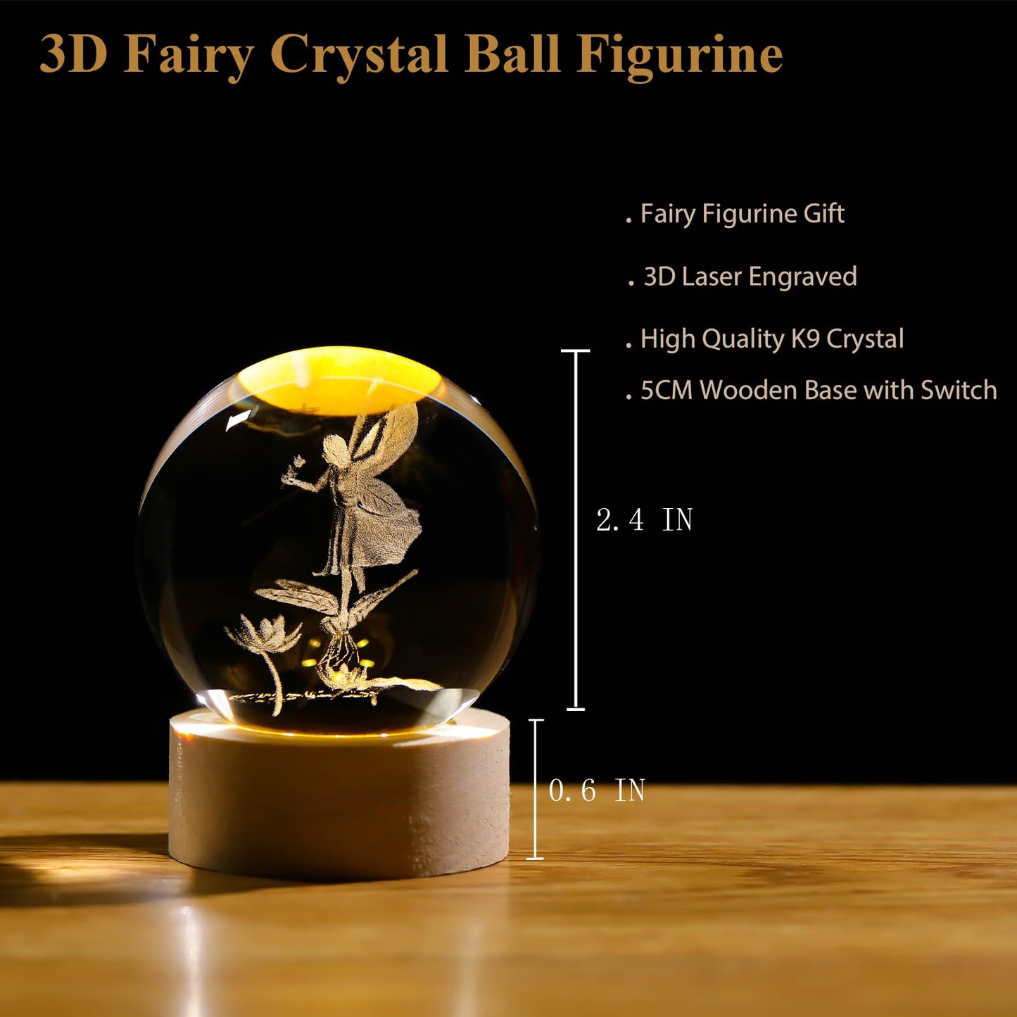 Arikyrist 3D Crystal Ball Lamp Decor Glass Sphere Paperweight with LED Wooden Base, 3D Laser Engraved Glass Fairy Figurines Night Light Gifts for Home Office Decor