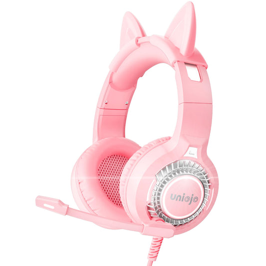 UNIOJO Pink Gaming Headset Noise-Canceling Mic, Wired Over-Cat Ear Headphones, Surround Sound, LED Breathing Light, Memory Foam Ear Pads, for Xbox Series, PS5, PS4, Switch, PC, Mobile