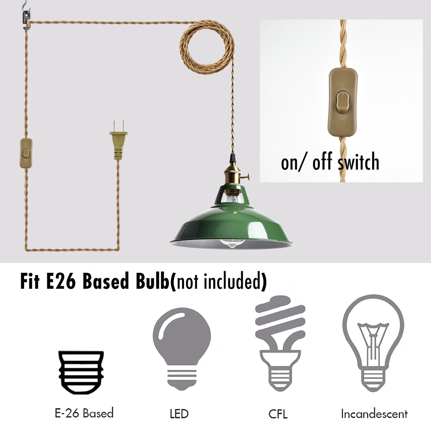 YUBOLE Modern Green Plug-in Pendant Light,Macarons Kitchen Hanging Swag Lighting, Metal Barn Shade with On-Off Switch Plug Cord Light for Bedroom Foyer Dining Bar