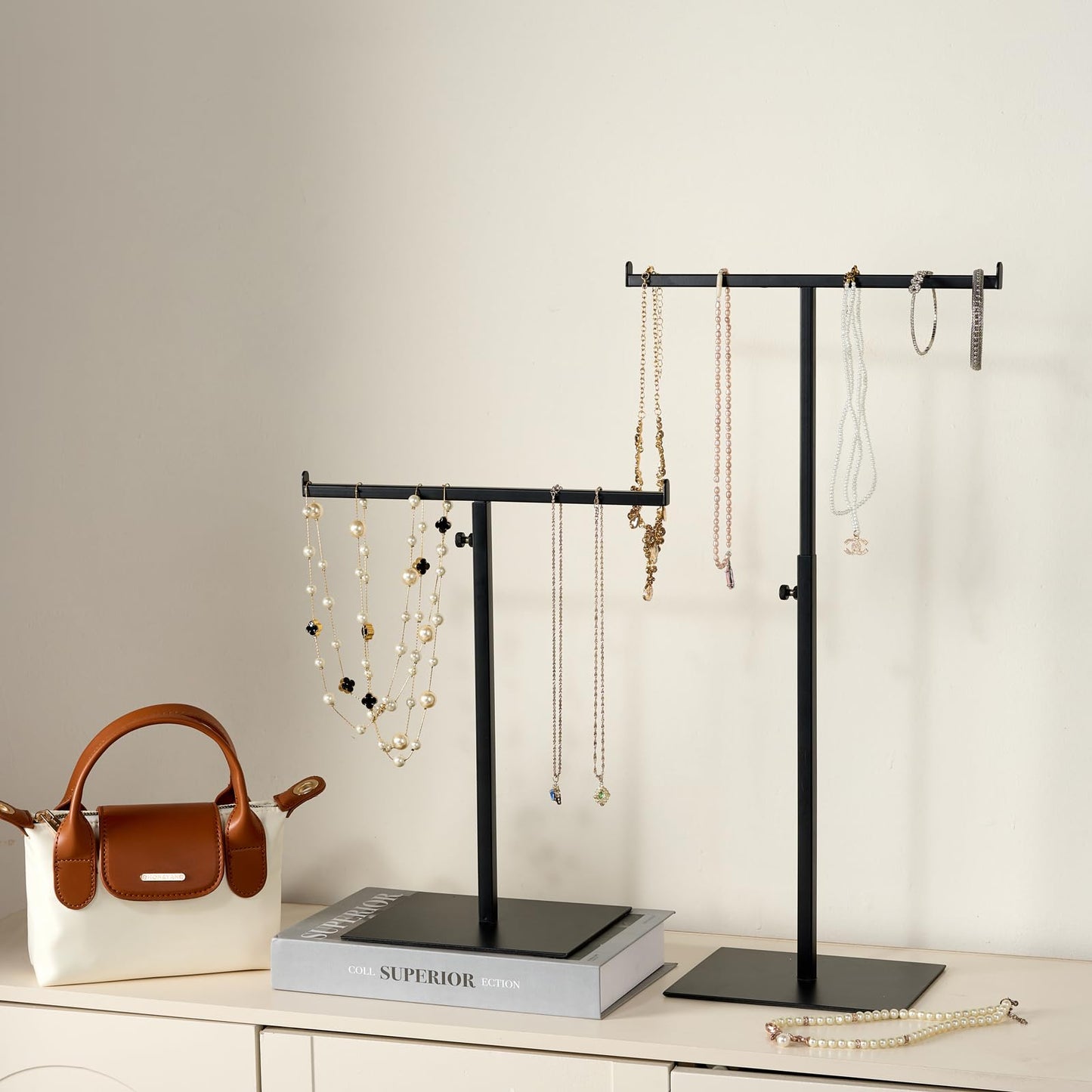Purse Display Stand Jewelry Towers - 2 Pack Purse Stand Handbag Bag Display Black Tabletop Stainless Steel Hook Hanging Jewelry Stands for Necklaces Organizer Adjustable Height Home Store Boutique