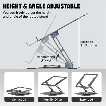 JOYEKY Laptop Stand for Desk, Adjustable Computer Stand with 360° Rotating Base, Ergonomic Laptop Riser for Collaborative Work, Foldable & Portable Laptop Stand, fits for All 10-16" Laptops