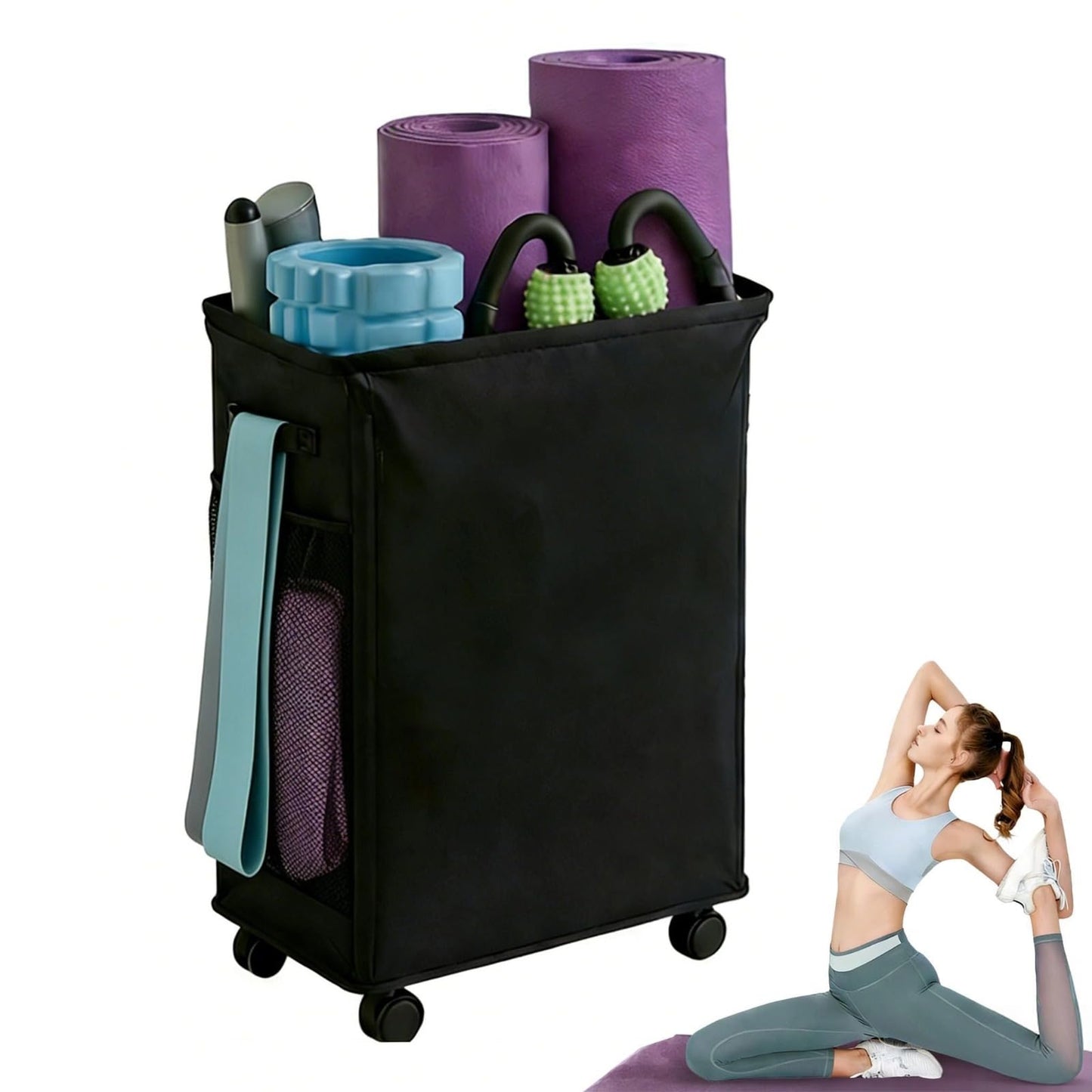 Funvalley Surperfect Yoga Mat Holder, Gym Mats Storage Rack with Wheels, Foldable Fitness Equipment Organizer for Home Gym Decor – Holds 4 Mats, 2 Foam Rollers, 6 Bands, with Mesh Pockets