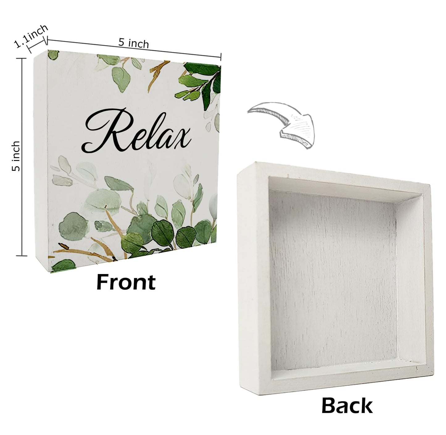 Kunlisa Relax Sage Green Wooden Box Sign, 5x5x1.18 inches, Modern Classic, Flower Theme, Tabletop, Decorative Sign for Bathroom, Workspace