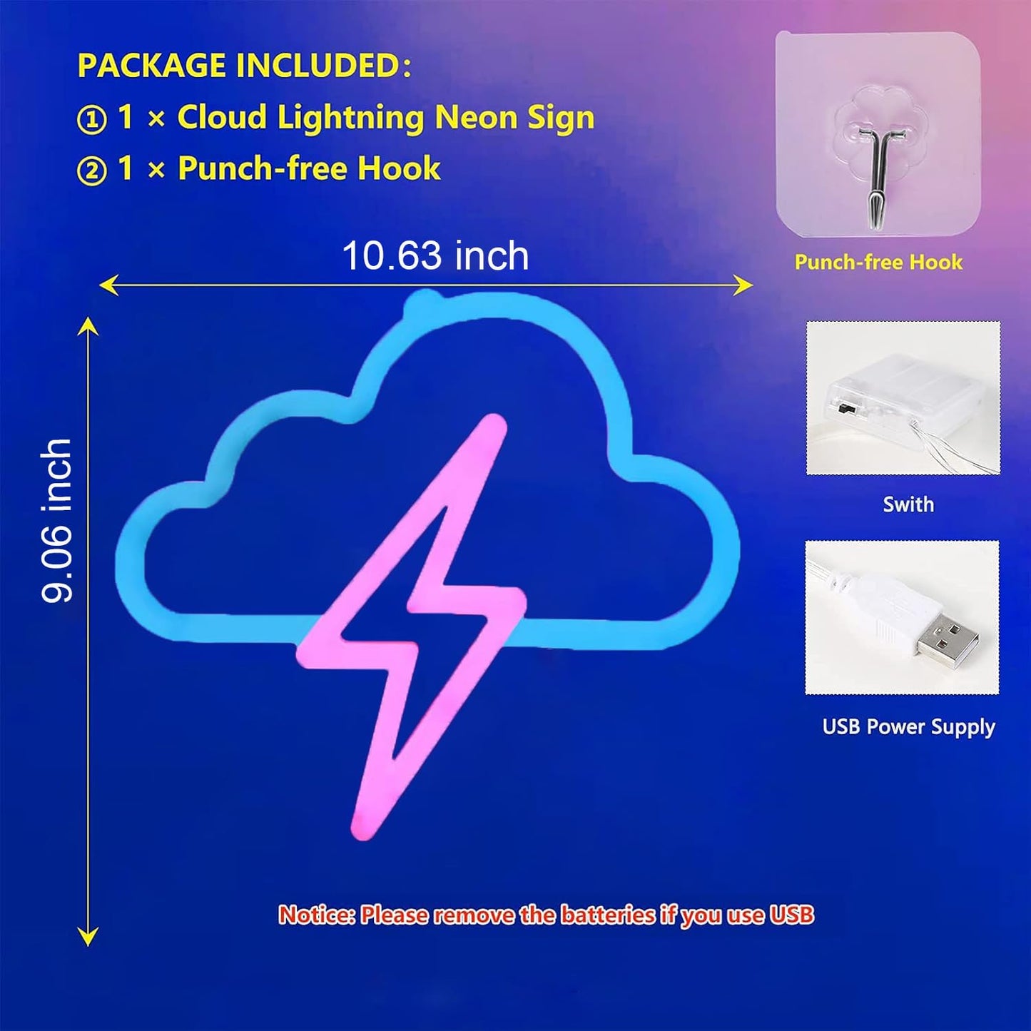 RLQXSYS LED Lightning Cloud Neon Light, Dual Power USB/Battery Wall or Desktop Decor for Home, Office, Bar, Party, Wedding & Christmas