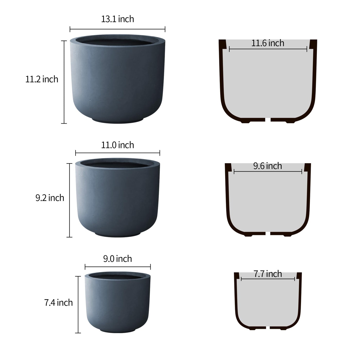 Kante 13",11",9" Dia Round Concrete Large Plant Pots Outdoor Indoor Planters Bowl with Drainage Hole for Patio, Set of 3,Charcoal