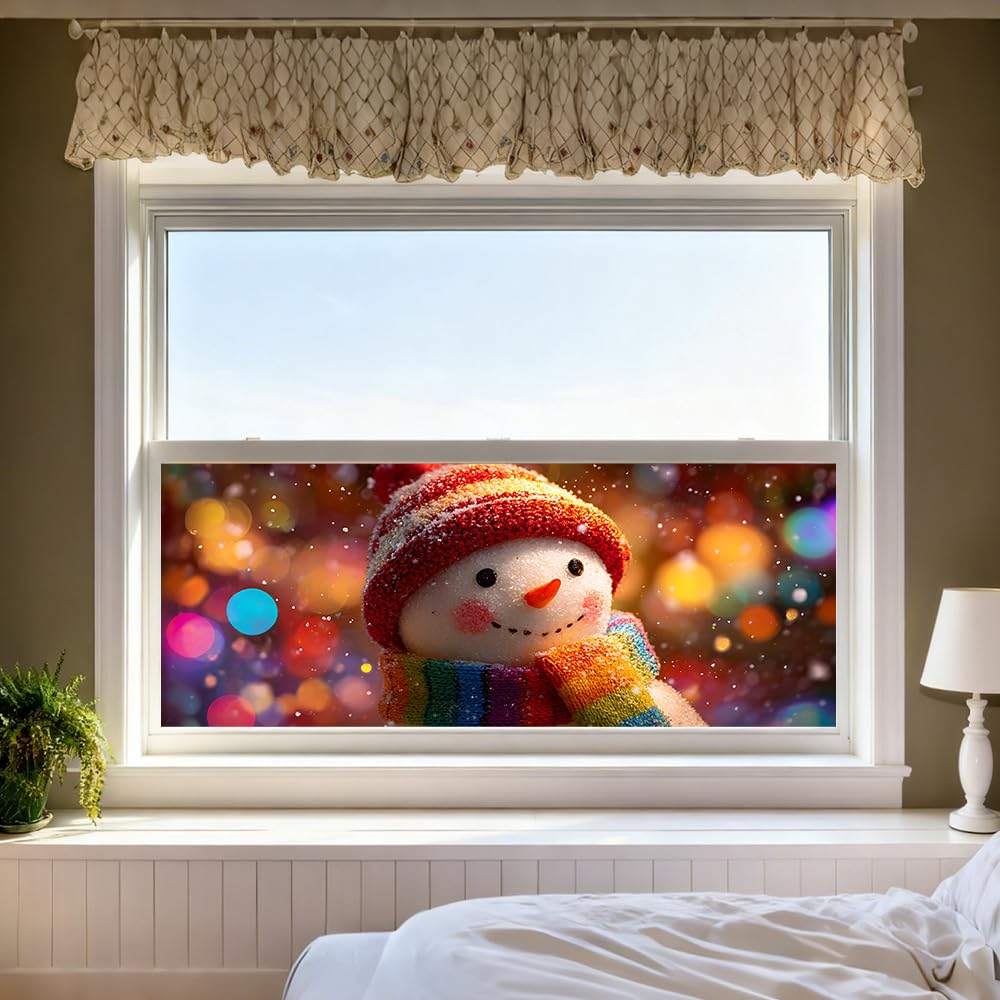 WDESYADMS Window Film 39.4×17.3 Inch PVC Snowman with Rainbow Scarf Winter Lights Pattern Decorative Window Film for Home Privacy Enhancement Seasonal Christmas Window Covering