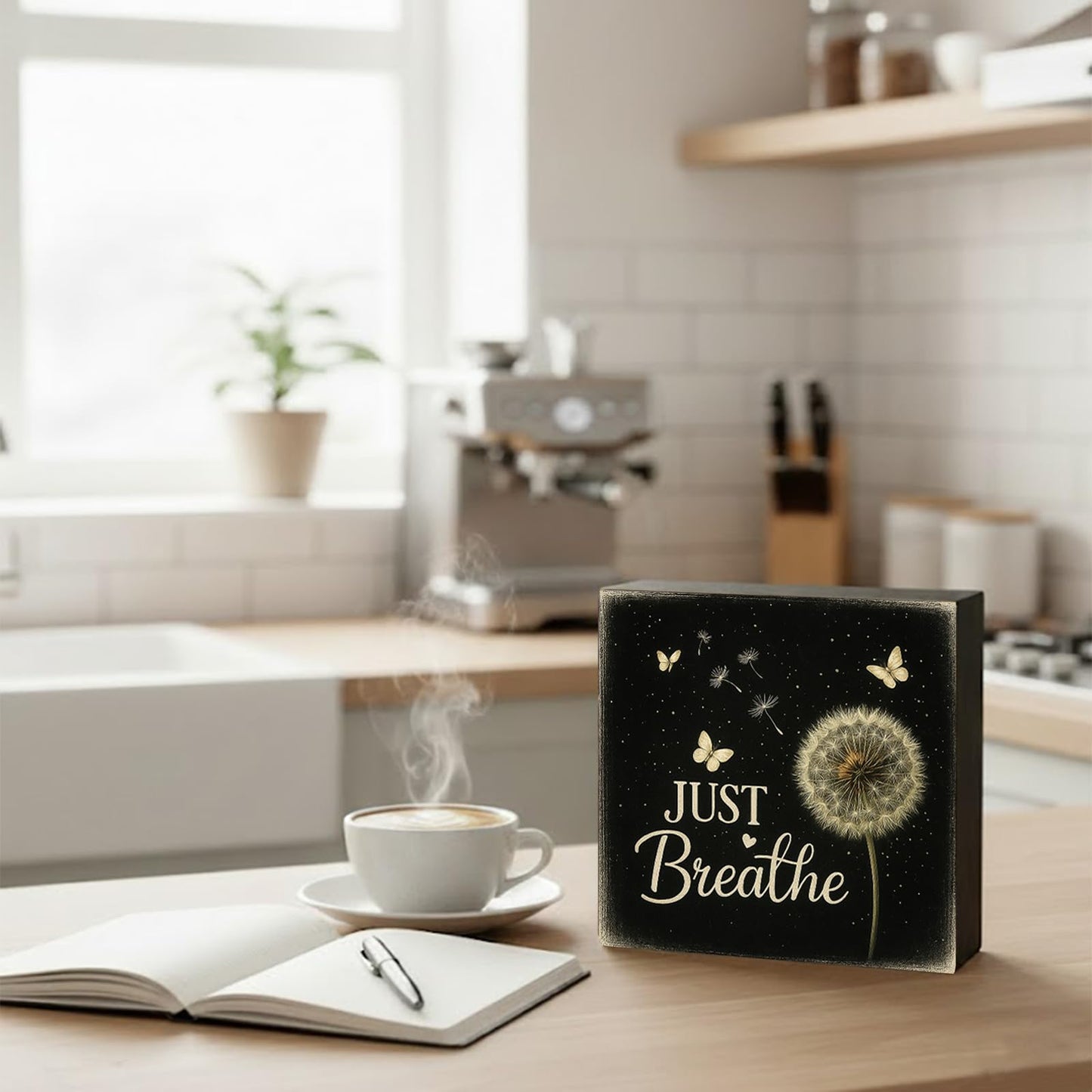Lriumzn Just Breathe Wood Box Sign, Black, 5x5 Inch