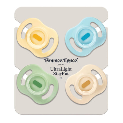 Tommee Tippee Ultra-Light StayPut Dummy, 0-6m, 4-Pack, One-Piece Silicone Soother