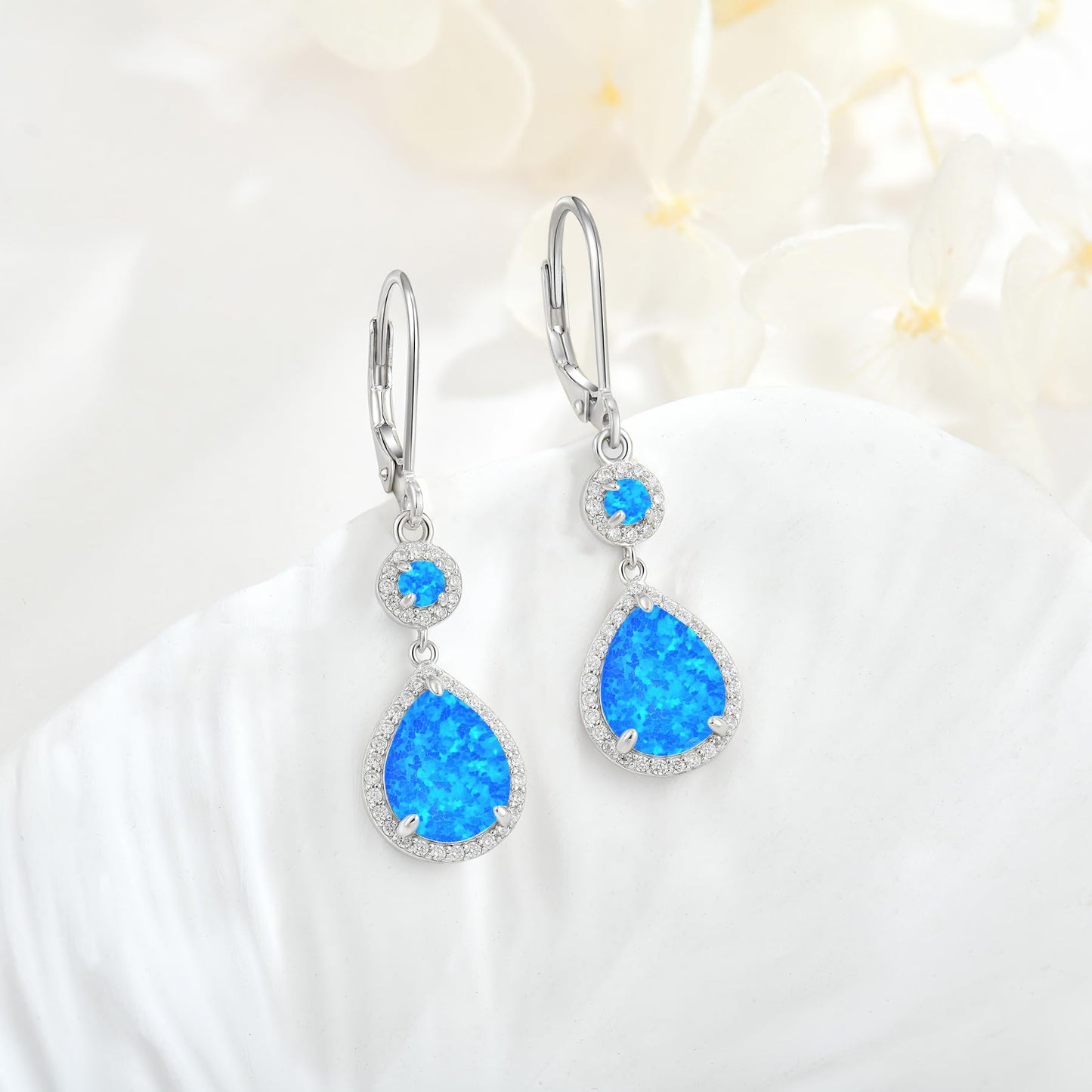 FYNSBLE Blue Opal Earrings for Women Sterling Silver Dangle Drop Leverback Earrings Hypoallergenic Jewelry for Women