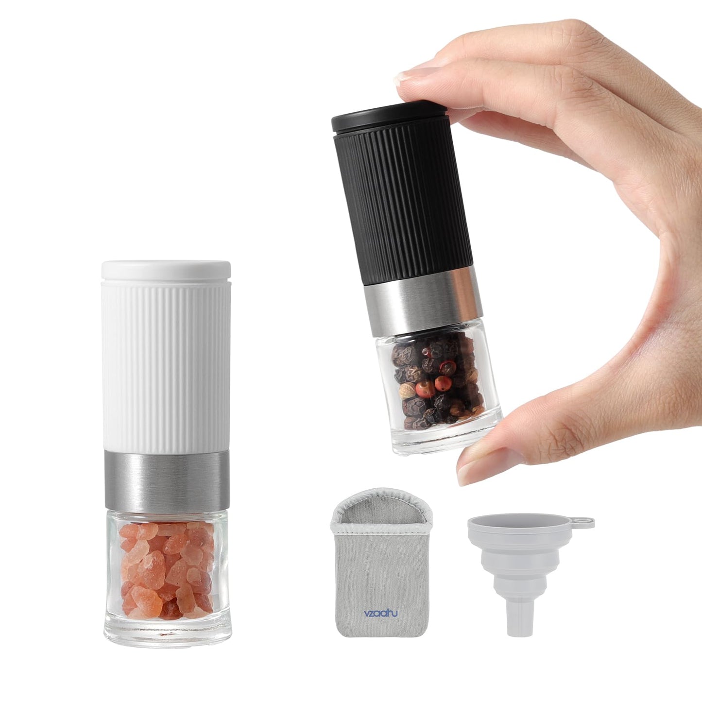 vzaahu Mini Salt and Pepper Grinder Set Black and White with Bag and Funnel, Small Travel Portable Spice Tools, Adjustable Coarseness, Refillable, Ceramic Burrs Seasoning Mills for Cooking, BBQ, RV