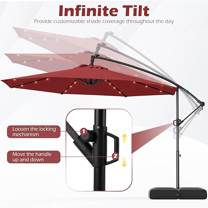Tangkula 10ft Solar LED Patio Umbrella with Base, Offset Cantilever Outdoor Umbrella with 32 LED Lights, Infinite Tilt, 360 Degree Rotation, Crank Handle for Pool Deck Garden Backyard (Wine)