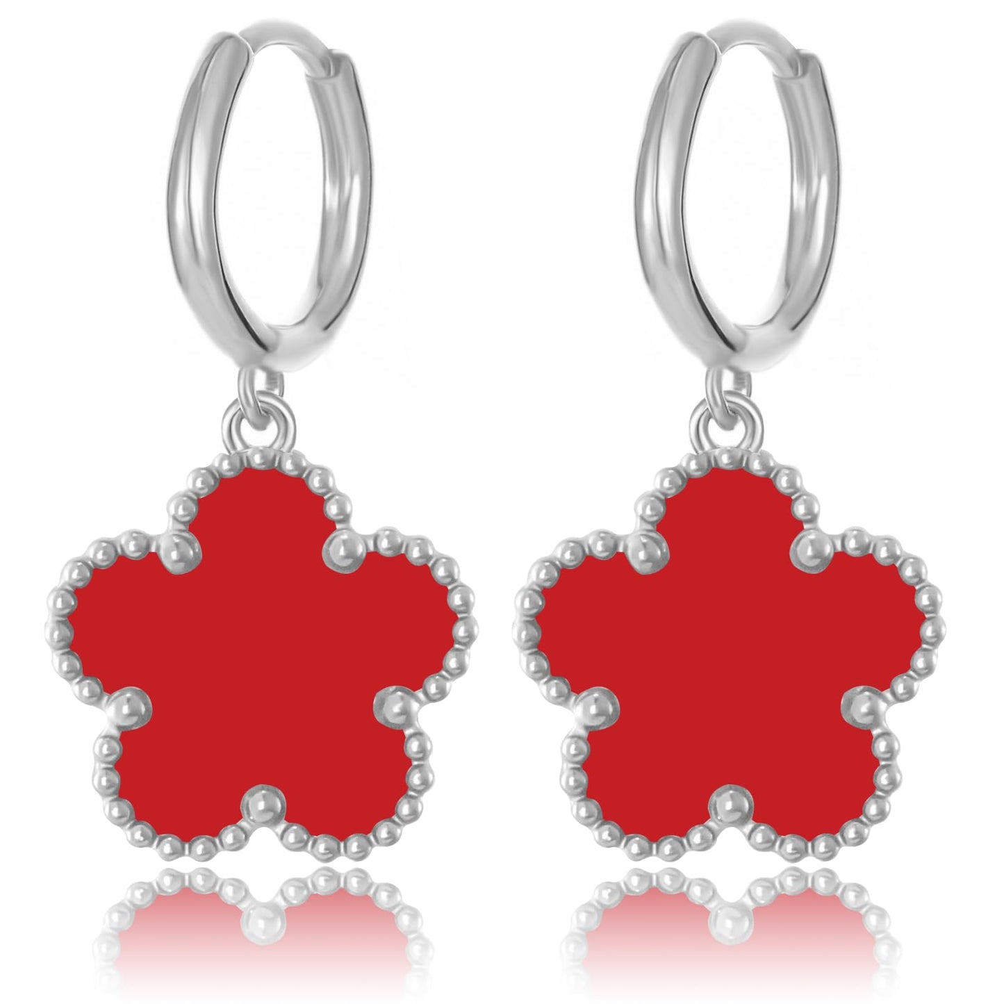 Gold Plated Five Leaf Clover Dangle Earrings for Women Lucky Flower Jewelry (Red-White Gold Plated)