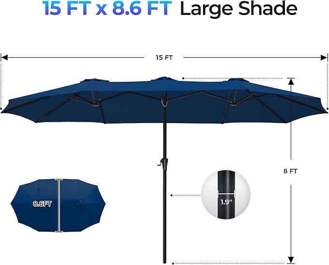 SUPERJARE 15FT Outdoor Umbrella for Patio, Double sided Pool Umbrellas with Fade Resistant Canopy, Large Table Umbrella for Deck, Market, Backyard - Navy Blue