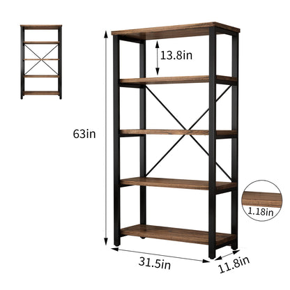 AY-AOYUAN 5 Tier Industrial Solid Wood Bookshelf, Open Etagere Bookcase with Metal Frame, Vintage Industrial Style Bookcase/Metal and Wood Bookshelf Furniture (AY01-5tier)