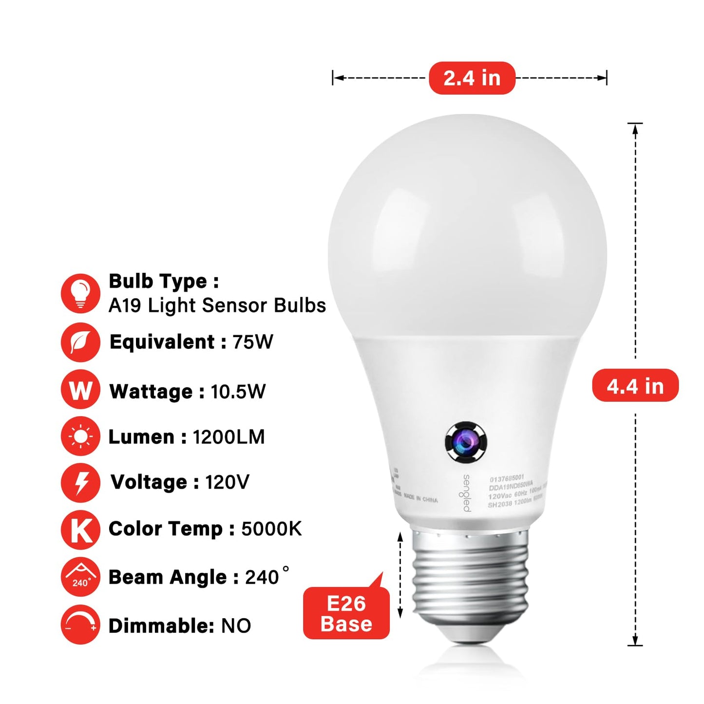 Sengled Dusk to Dawn LED Outdoor Light Bulb, 75 Watt Equivalent, 1200 Lumens, 5000K Daylight LED Light Bulb, Automatic On/Off Sensor Light Bulb for Porch Garage Lighting, 3 Pack