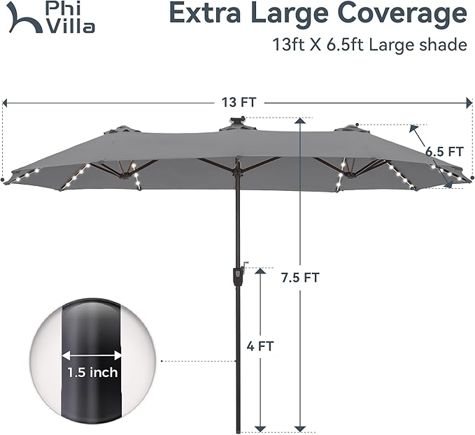 PHI VILLA 13ft Patio Umbrella with 120 PCS Solar-Powered LED Color-Changing Lights, Double-Sided Large Rectanglular Umbrella Outdoor for Table with Crank Lift,Light Grey(No Base)