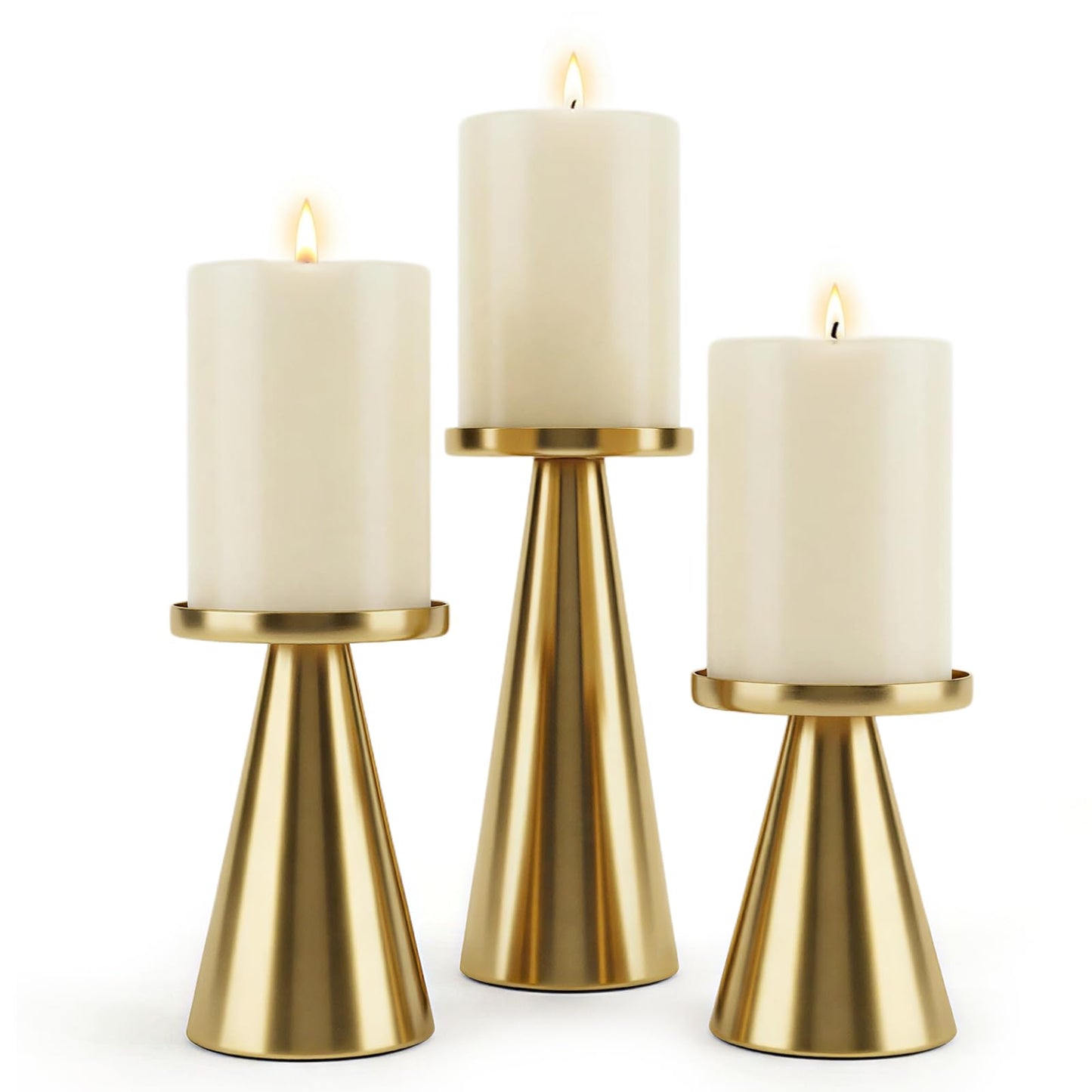Gold Iron Plate Candle Holder Set of 3-4 & 4.7 & 6.4 Inch Tall, Decorative Iron Pillar Candle Plate, Elegant Candle Stand for LED & Wax Candles, Incense Cones, Spa, Weddings (Candles Not Including)