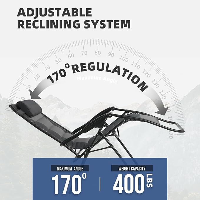 Zero Gravity Chair Set of 4 Oversized Padded Recliner with Adjustable Headrest & Cup Holder - 600D Oxford Folding Lounge Chair for Outdoor Camping, Patio, Poolside (Black & Gray)