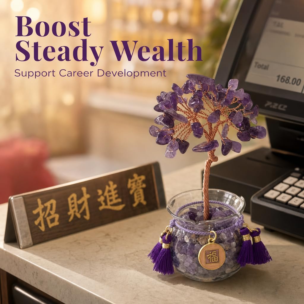 Fatonio Natural Small Amethyst Money Tree Crystal, Handmade Crystal Feng Shui Decor, Positive Energy Wealth Luck Statue Crystal Tree for Home Office Shop Cashier, Ideal Lucky Gift for Women Friends