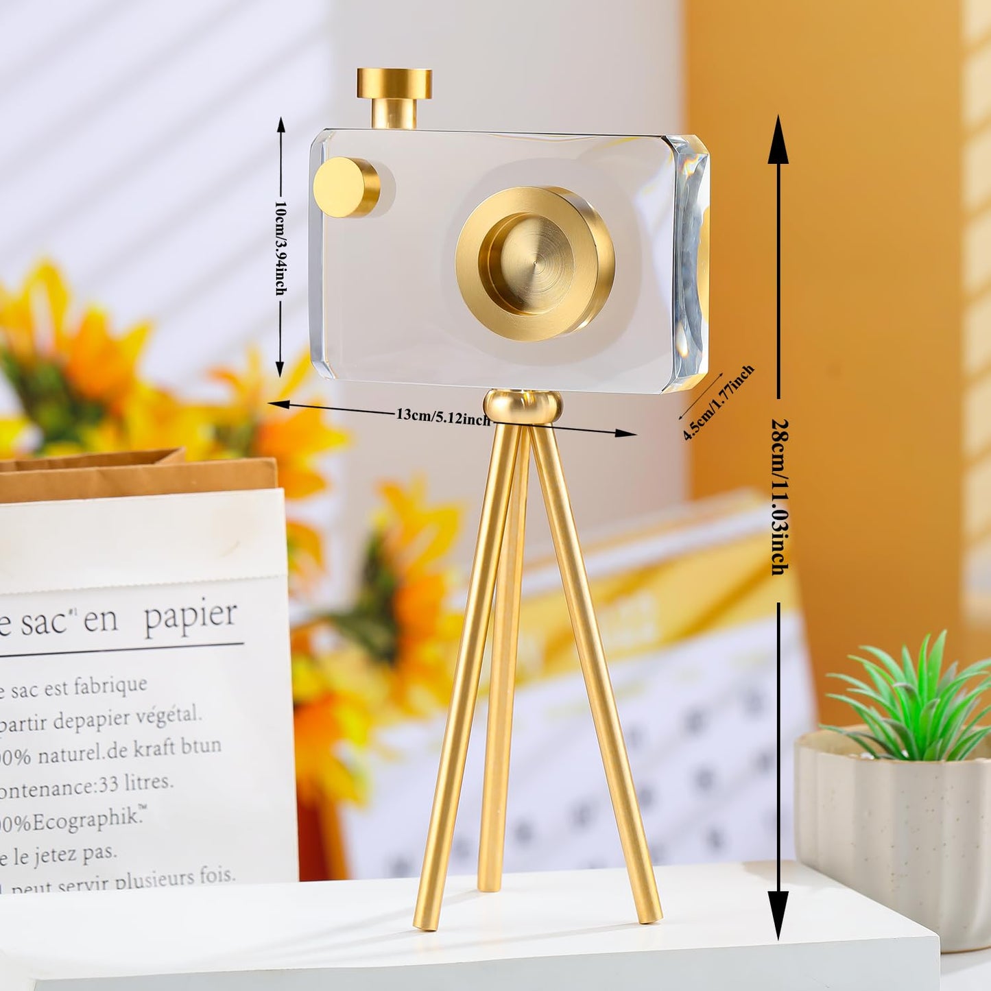 JOASURA Crystal Camera Model Statues- Small Golden with Bracket 3.94x5.12inch 2.2LB,Camera Crafts Collectible Figurine Home Desktop Decoration