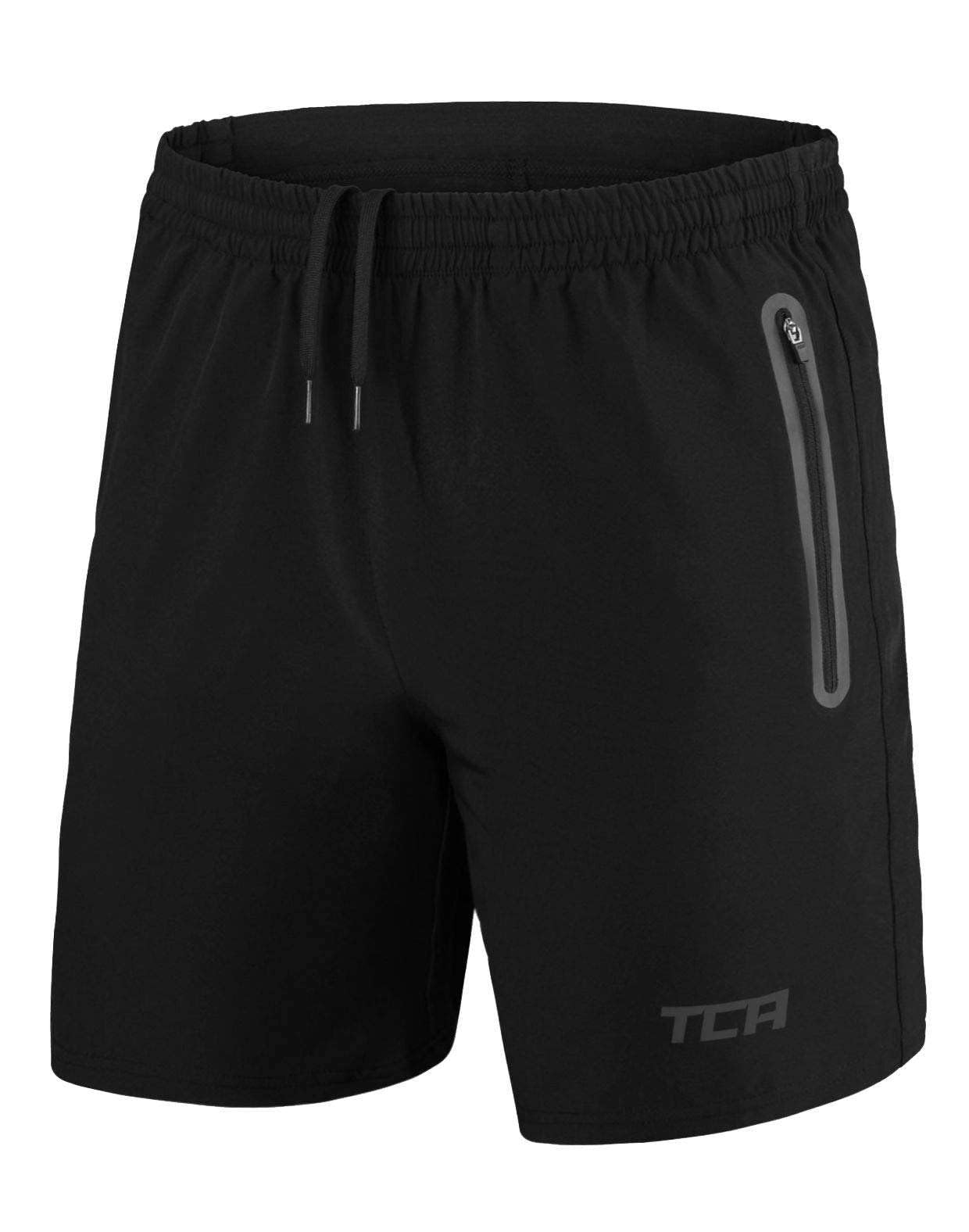 TCA Elite Tech Mens Running Shorts with Zip Pockets, Gym Shorts Men Training Sports Short with Phone Pocket Black - Black Stealth, M