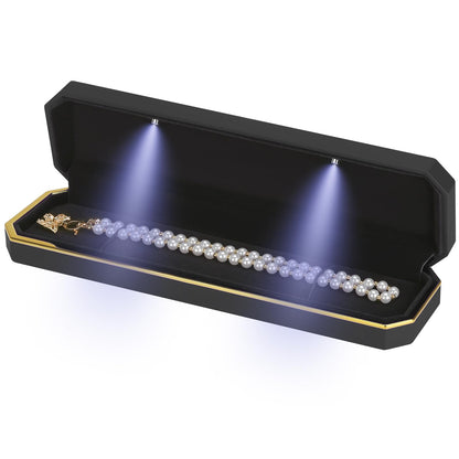 Luxury LED Necklace Long Chain Gift Box with LED Light, Velvet Jewelry Box Storage Case Organizer Holder (Black)