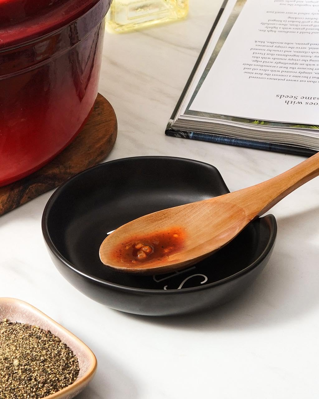LE TAUCI Ceramic Spoon Rest for Stove Top, 5 Inch Spoon Holder for Kitchen Counter Set of 4, Kitchen Gadgets, Coffee Spoon Cradle, Home Accessories for Utensils, Dishwasher Safe, Black