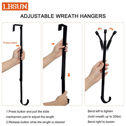 LBSUN Wreath Hanger, Adjustable Over The Door Wreath Hanger from 14.9 to 25 Inches & Wreath Holder & Wreath Door Hanger for Front Door Decor 20 lbs Larger Christmas Decorations Hook (Black)