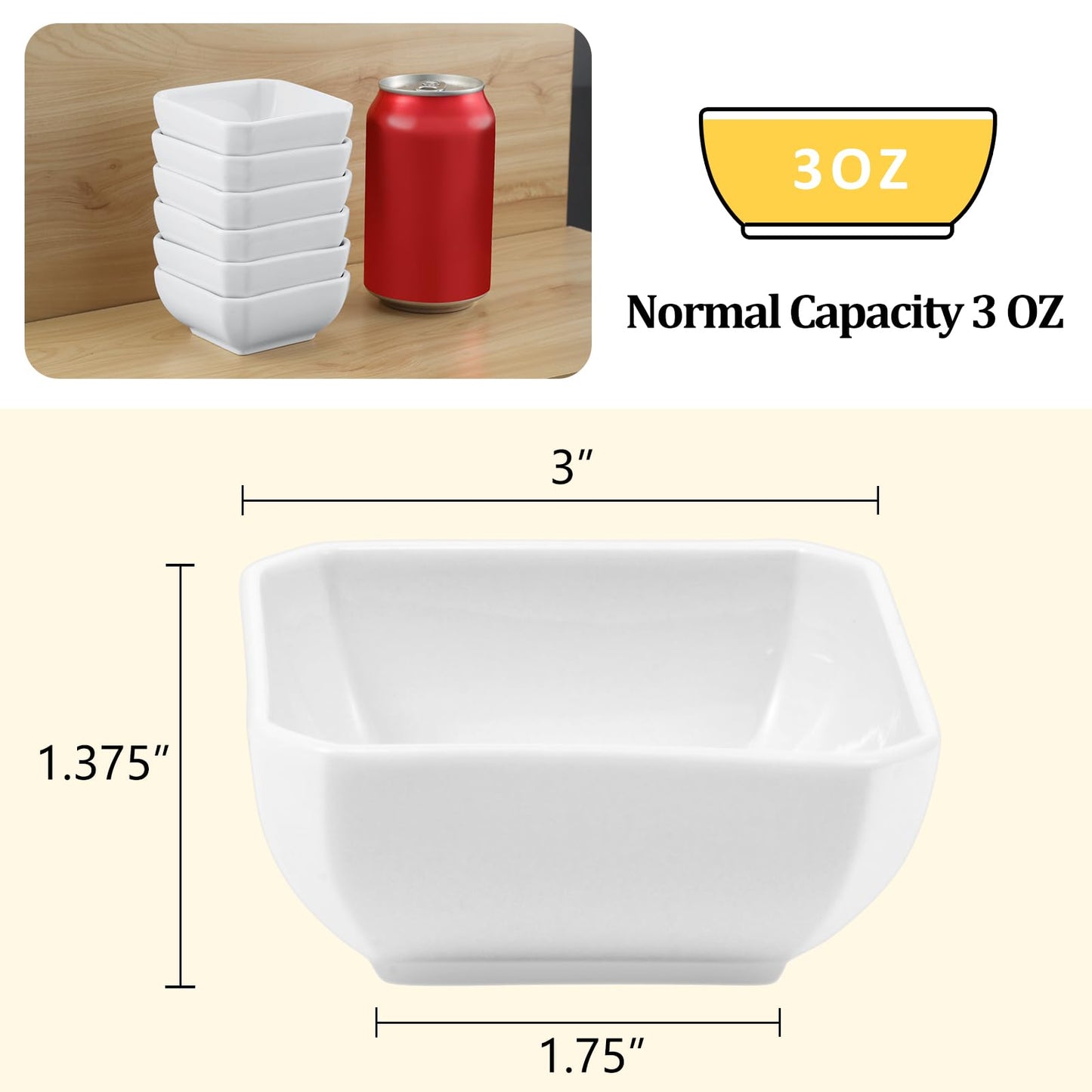 Yedio 3 Oz Square Dip Bowls Set of 6, White Ceramic Dipping Sauce Dishes, Mini Condiment Bowls for Soy Sauce, Sushi, BBQ, Ketchup, Vinegar, Party & Daily Use