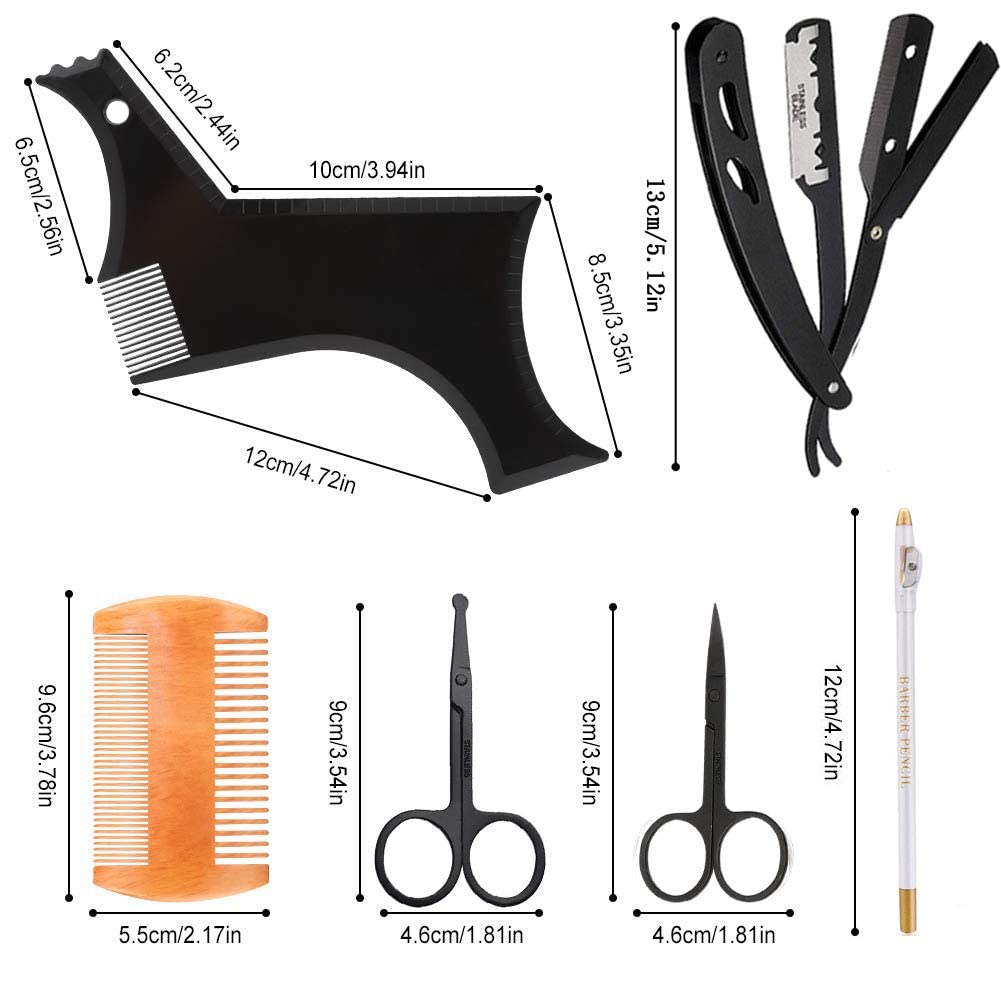 Beard Shaper, Beard Shaping Tools, Include Beard Template Guide, Professional Straight Edge Razor, 10 Count of Double Edge Blade, Barber Pencil, Beard Comb, 2 Stainless Steel Scissors, CUKBLESS