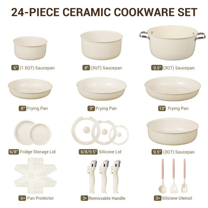 Ammeloo 24-Piece Ceramic Pots and Pans Set Non Stick, Ceramic Cookware Set with Removable Handles, Space Saving, Induction & Oven & Dishwasher Safe, For Small Kitchen, Apartment, RV, Cream White