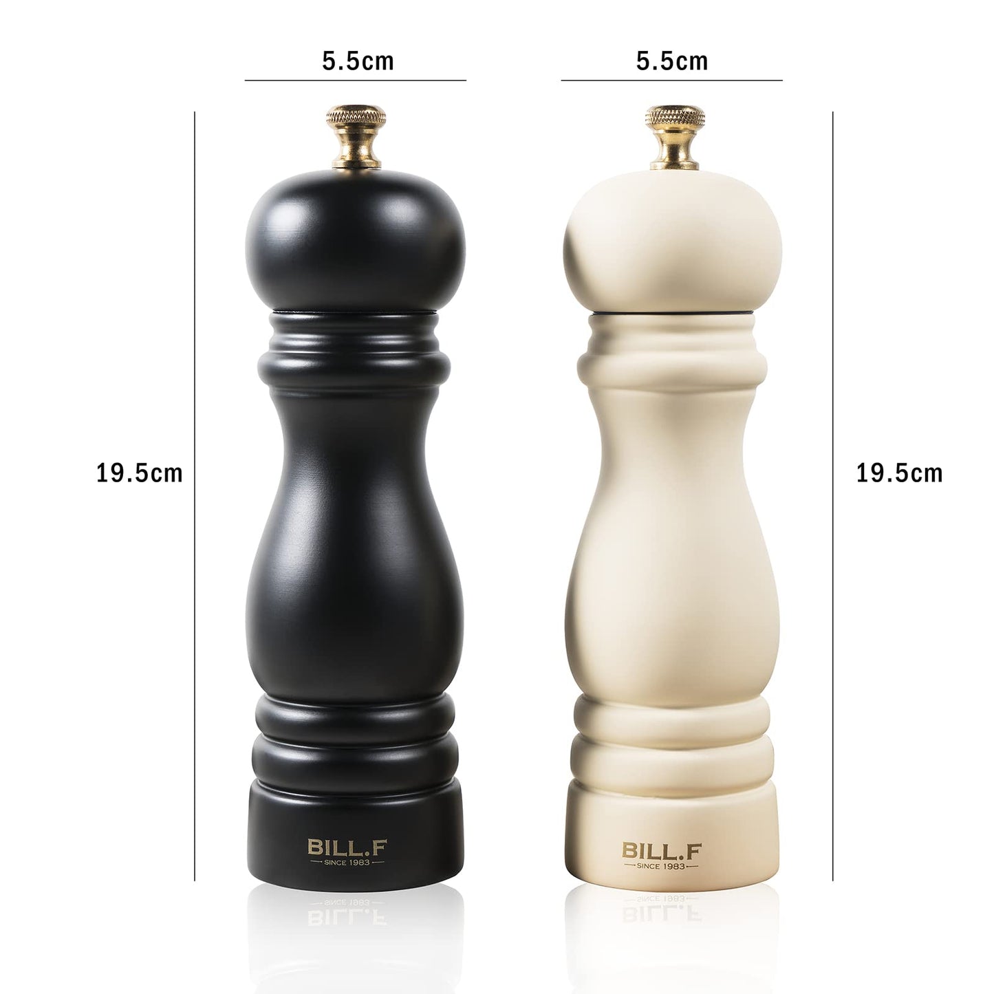 Bill.F Salt and Pepper Grinder Set, Wood Pepper Mill Set of 2 Manual Salt Pepper Shakers Grinder Refillable 7 Inch with Adjustable Ceramic Grinding Rotor（Black and Beige）