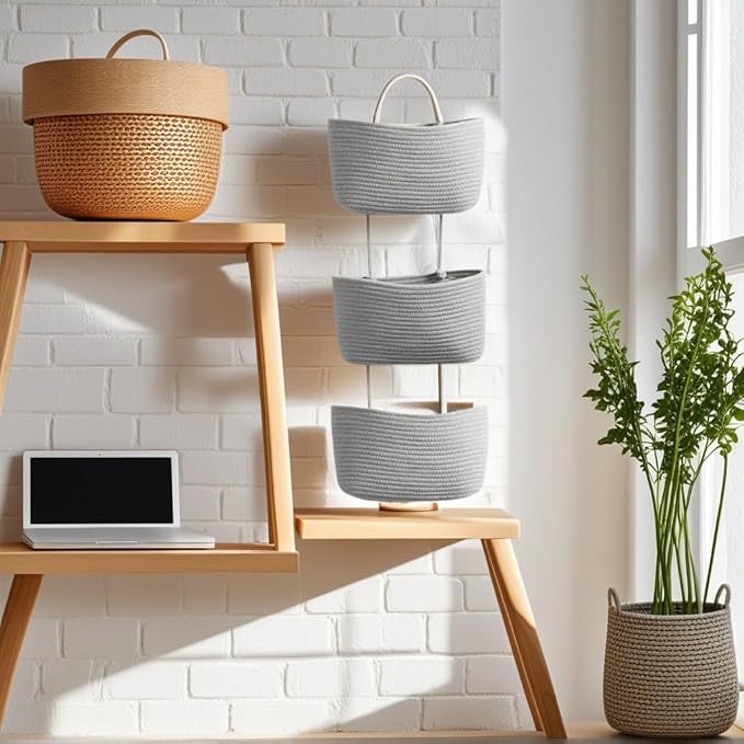 Hanging Baskets for Organizing, 3-Tier Woven Cotton Over the Door/Wall-Mounted