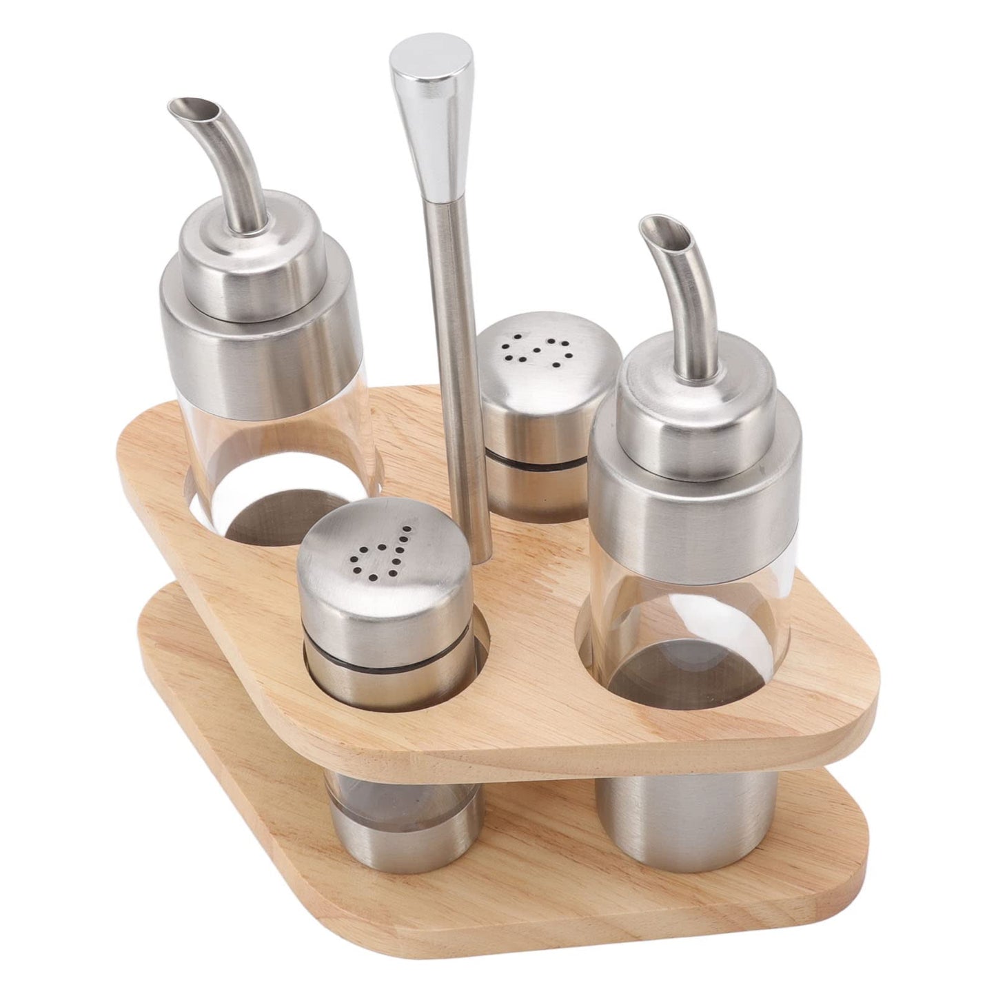 Cyrank Salt and Pepper Shakers, Olive Oil and Vinegar Dispenser Set with Wood Holder Glass Spice Dispenser for Home Kitchen Restaurant
