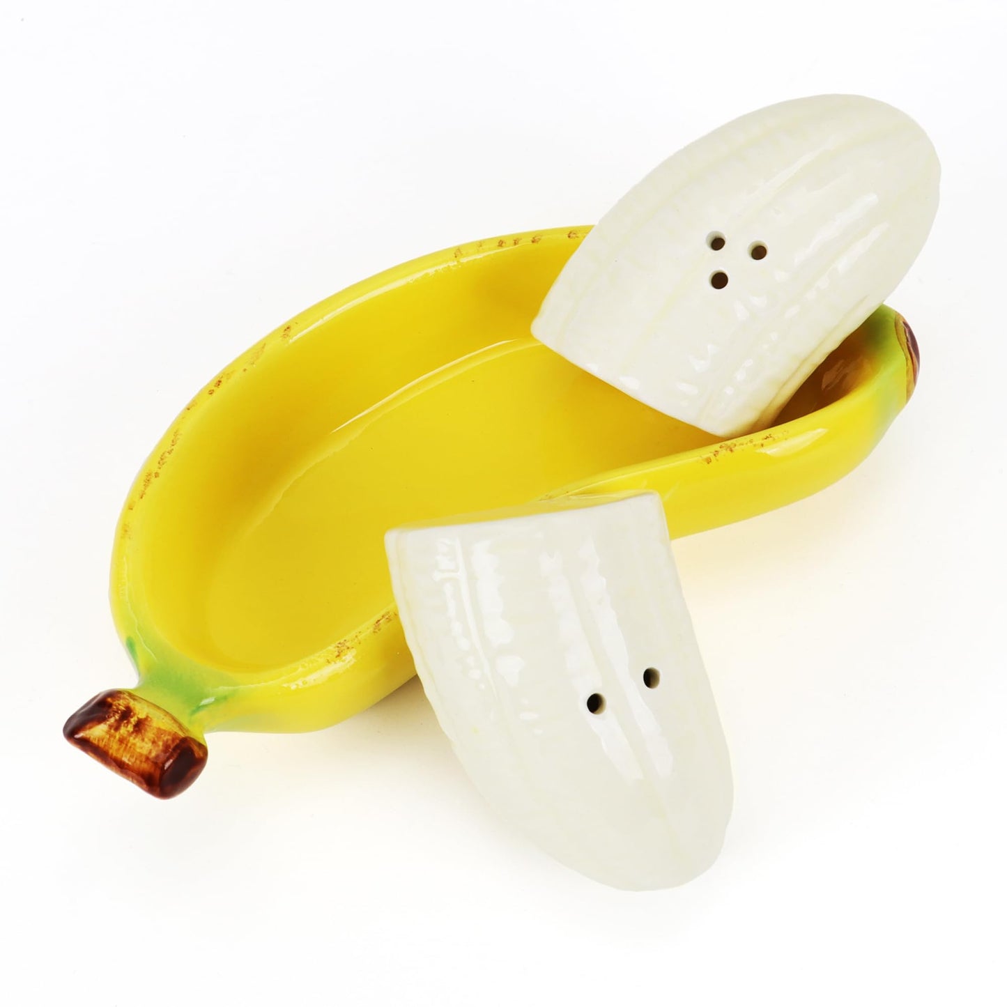Banana Salt and Pepper Shakers Set with Banana Boat Tray – Hand-Painted Ceramic Kitchen Decor, Cute Fruit Tableware, Fun Tropical Dining Accessory, Unique Gift for Home (1 Pack)