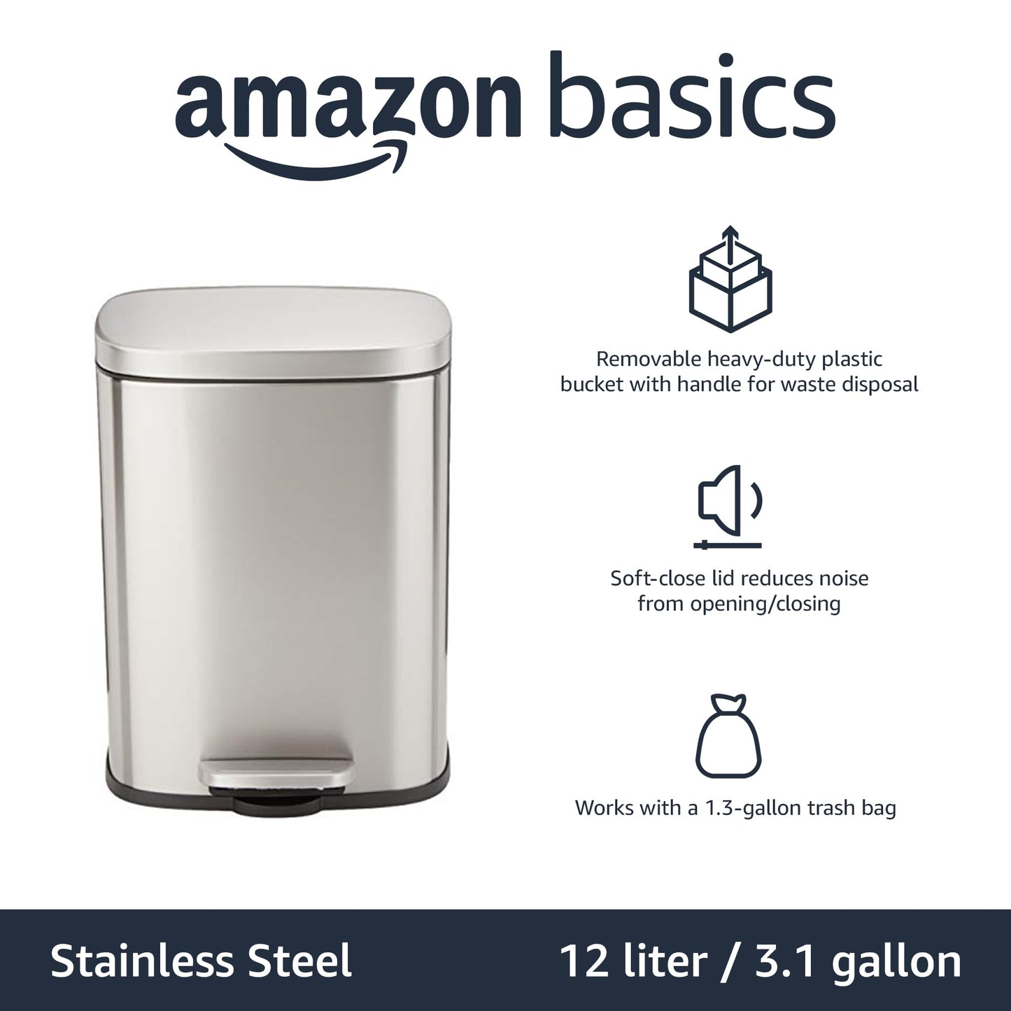 Amazon Basics Smudge Resistant Rectangular Trash Can With Soft-Close Foot Pedal, Brushed Stainless Steel, 50 Liter/13.2 Gallon, Satin Nickel Finish, 16.7"L x 14.7"W x 25.9"H